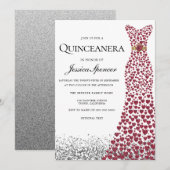 Glitter Red Love Heart Dress Quinceanera Invite Kaart (Voorkant / Achterkant)