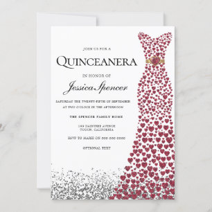 Glitter Red Love Heart Dress Quinceanera Invite Kaart