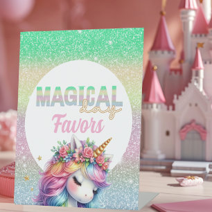 Glitter regenboog eenhoorn magisch reclamebord met voetstuk