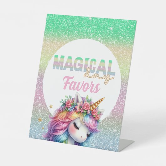 Glitter regenboog eenhoorn magisch reclamebord met voetstuk (Voorkant)
