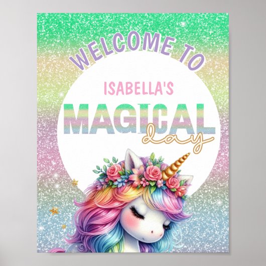 Glitter regenboog eenhoorn magisch welkomstbord poster (Voorkant)