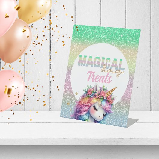 Glitter regenboog eenhoorn magische traktaties reclamebord met voetstuk