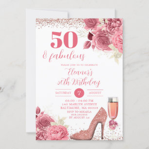 Glitter Roos Gold Floral Stiletto any age day Kaart
