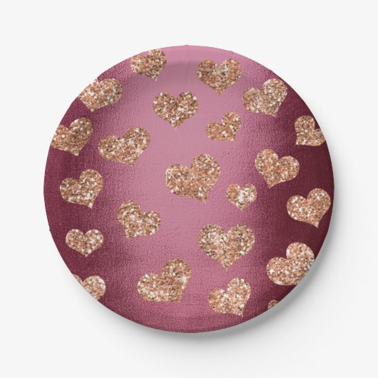 Glitter Roos Gold Hearts Confetti Burgundy Copper Papieren Bordje (Voorkant)