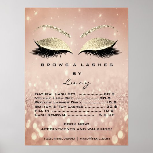 Glitter Roos Gold Makeup Eyes Lashes Prijslijst Poster (Voorkant)