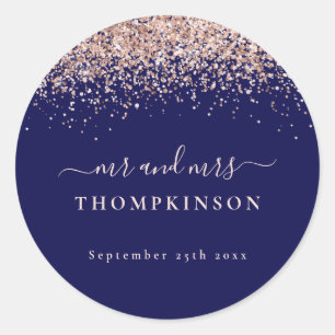 Glitter Roos Gold Mr Mrs Wedding Navy Blush Ronde Sticker