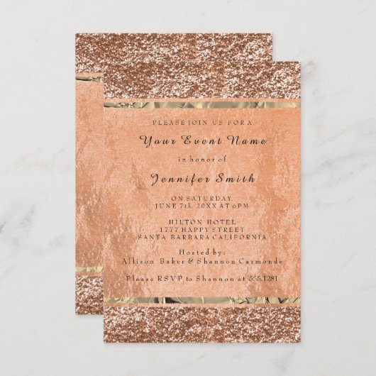 Glitter Roos Goud Koper Metallic Blush Bruids VIP Kaart (Voorkant / Achterkant)