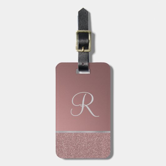 Glitter Roos Roze met Silver Monogram Bagagelabel (Voorkant verticaal)