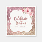 Glitter roosgoud glinsterende bloemstuk 'vier met servet (Voorkant)