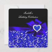 Glitter Royal Blue Heart Bow Black Party Kaart (Voorkant)