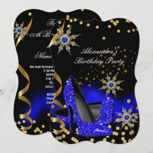 Glitter Royal Blue High Heels Black Birthday Party Kaart