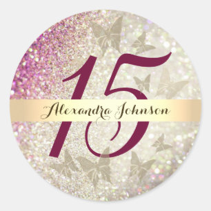 Glitter Roze 15e Verjaardag Ronde Sticker