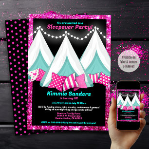 Glitter Roze Blauw Zwart Tepee Sleepover Verjaarda Kaart