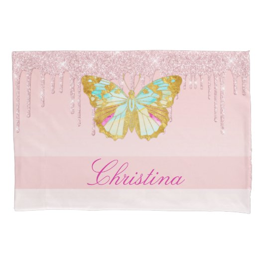 Glitter roze Blauwgroen vlinder op maat Kussensloop (Voorkant)