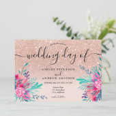 Glitter roze bloemengroen waterverf bruiloft kaart (Staand voorkant)