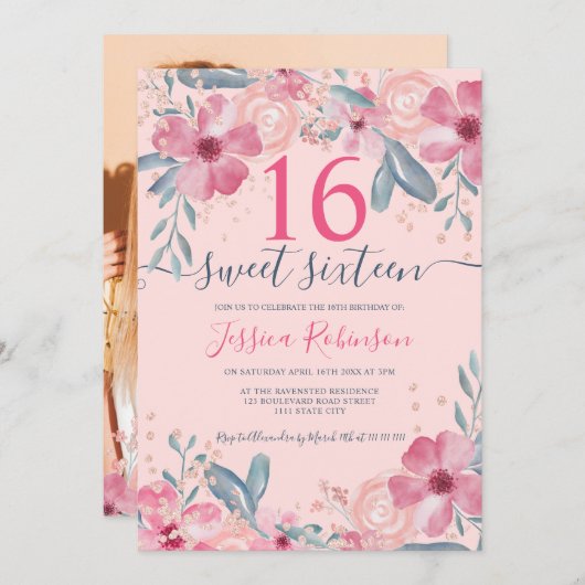 Glitter Roze bloemige waterverf script Sweet 16 Kaart (Voorkant / Achterkant)