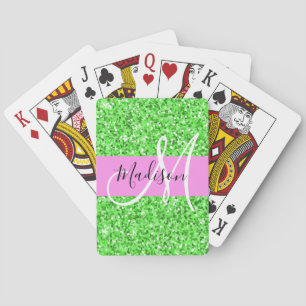 Glitter Roze en Groen Glitter Glans Monogram Naam Pokerkaarten