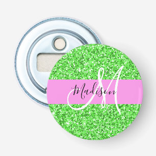 Glitter Roze en Groen Glitter Vonken Monogram Naam Button Flesopener