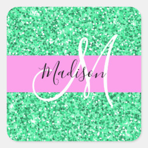 Glitter Roze en Groen Glitter Vonken Monogram Naam Vierkante Sticker