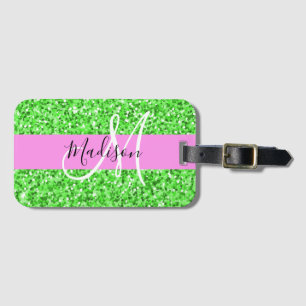 Glitter Roze en Groene Glitter Vonken Monogram Naa Bagagelabel