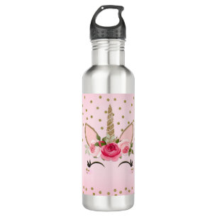Glitter & Roze Floral Unicorn Trendy Waterfles