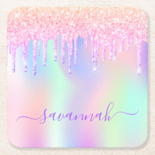 Glitter roze iriserende roze goud regenboog verjaa vierkante kartonnen onderzetter