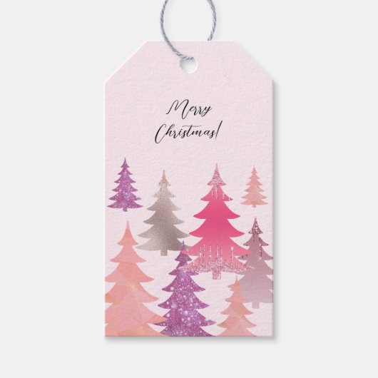Glitter roze kerstboom patroon cadeaulabel (Voorkant)