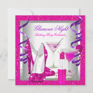 Glitter Roze Paars Glamour Nacht Martini Feest Kaart