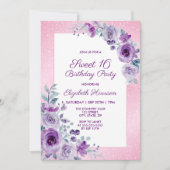 Glitter Roze Paarse Rozen Bloemen 16e Verjaardag Kaart (Voorkant)