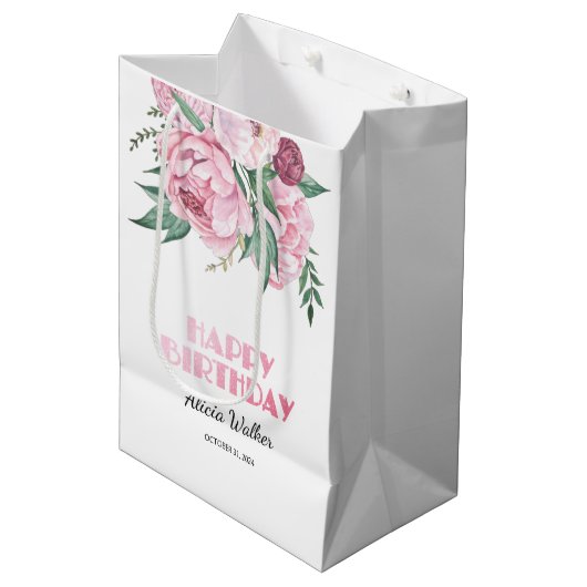 Glitter roze pioen bloemengroen Verjaardag Medium Cadeauzakje (Voorkant Gekanteld)