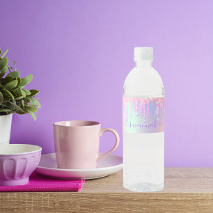 Glitter roze roségoud regenboog holografische naam waterfles etiket