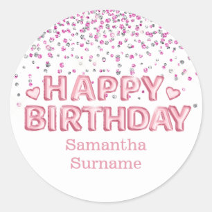 Glitter roze witte 3d blije verjaardagsglans ronde sticker