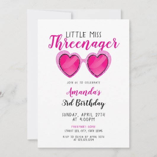 Glitter Roze Zonnebril Drienager 3e Verjaardag Kaart (Voorkant)