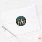 Glitter & Script 50 & Fabulous, Blauwgroen Verjaar Ronde Sticker (Envelop)