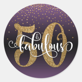 Glitter & Script 50 & Fabulous, Paarse Verjaardag Ronde Sticker