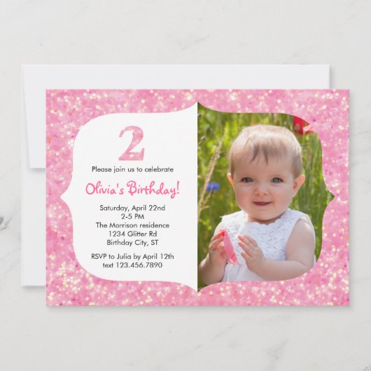 Glitter Second Birthday Invitation Kaart (Voorkant)
