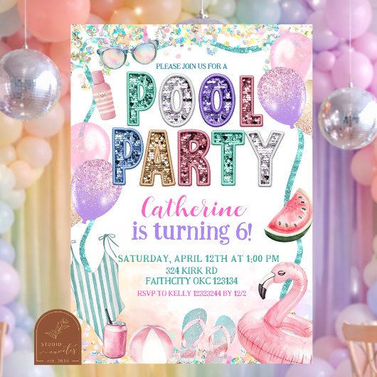 Glitter Sequin Pool Party Birthday invitation