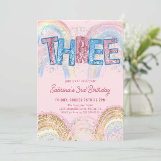 Glitter Sequin Rainbow 3rd Birthday Invitation (Debout devant)