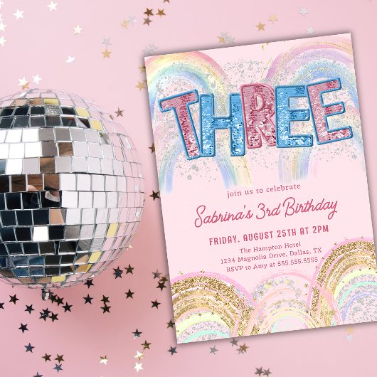 Glitter Sequin Rainbow 3rd Birthday Invitation