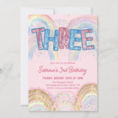 Glitter Sequin Rainbow 3rd Birthday Invitation Kaart (Voorkant)
