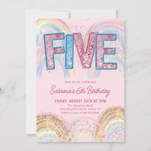 Glitter Sequin Rainbow 5th Birthday Invitation (Devant)