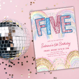 Glitter Sequin Rainbow 5th Birthday Invitation Kaart