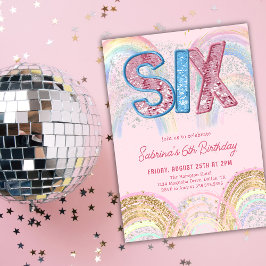 Glitter Sequin Rainbow 6th Birthday Invitation Kaart