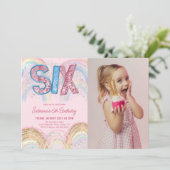 Glitter Sequin Rainbow 6th Birthday Photo Kaart (Staand voorkant)
