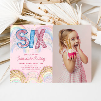 Glitter Sequin Rainbow 6th Birthday Photo Kaart