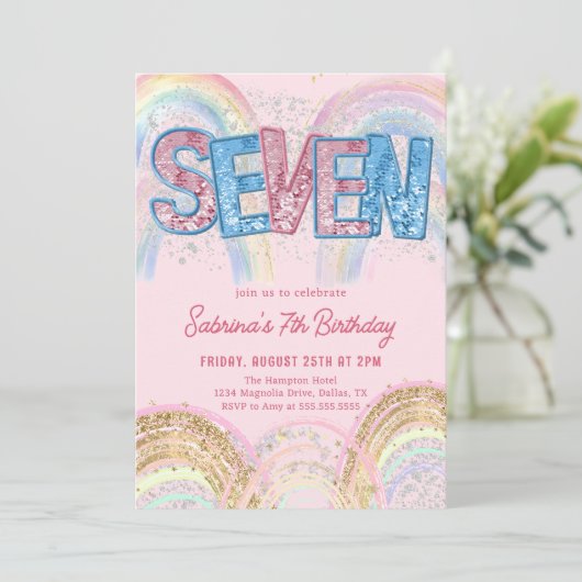 Glitter Sequin Rainbow 7th Birthday Invitation (Debout devant)