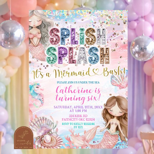Glitter Sequin Splish Splash mermaid bash invitati Kaart
