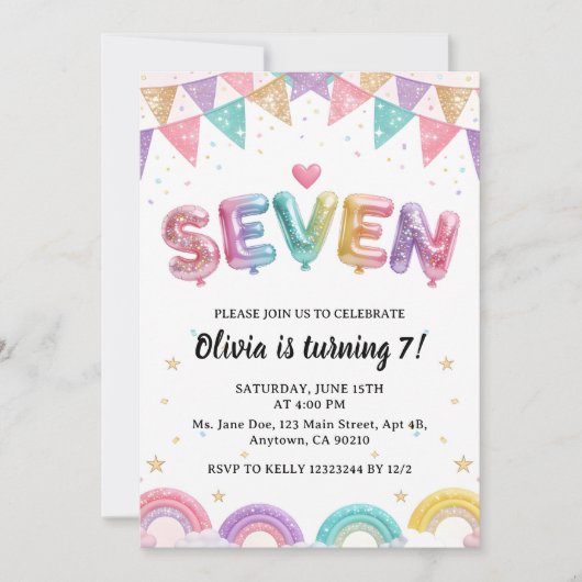 Glitter SEVEN Girly Rainbow Sequin 7th Birthday Kaart (Voorkant)