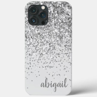 Glitter Silver Elegant Moderne Monogram Naam iPhone 13 Pro Max Hoesje