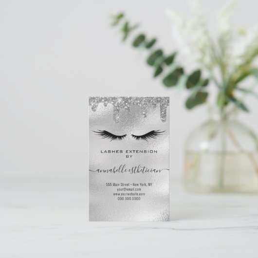 Glitter Silver Eyelash Extension Client Record Visitekaartje (Staand voorkant)